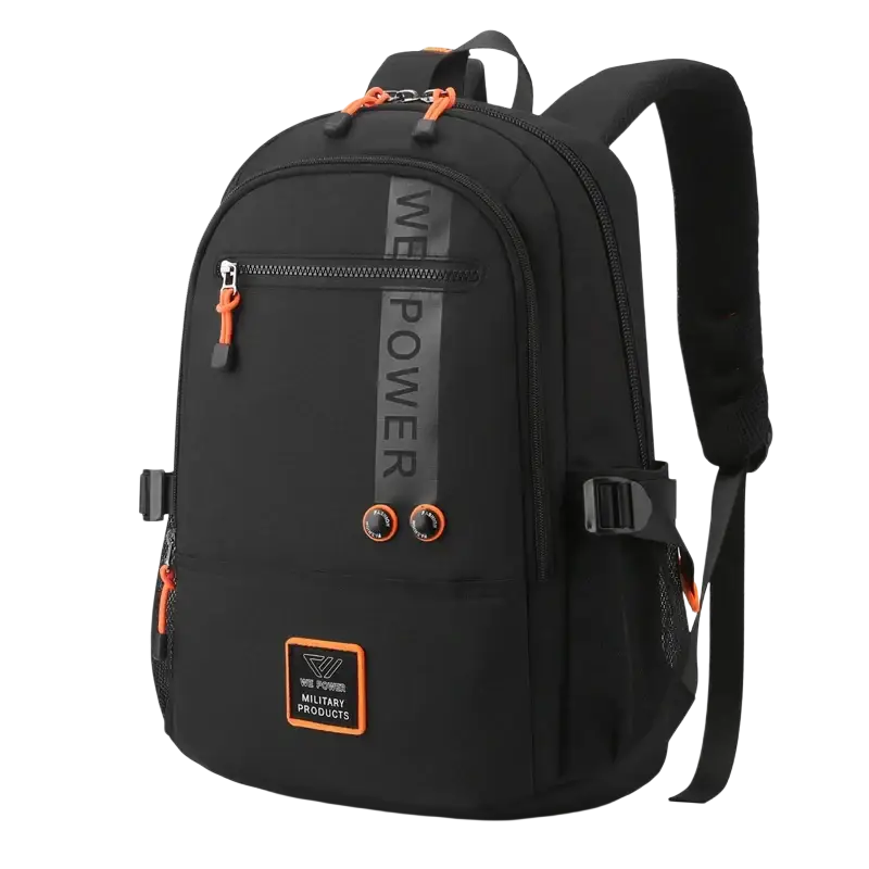 Black backpack with orange accents and WE POWER text, made from quality nylon fabric