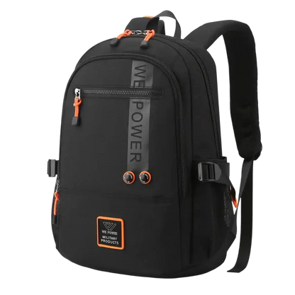 Black backpack with orange accents and WE POWER text, made from quality nylon fabric