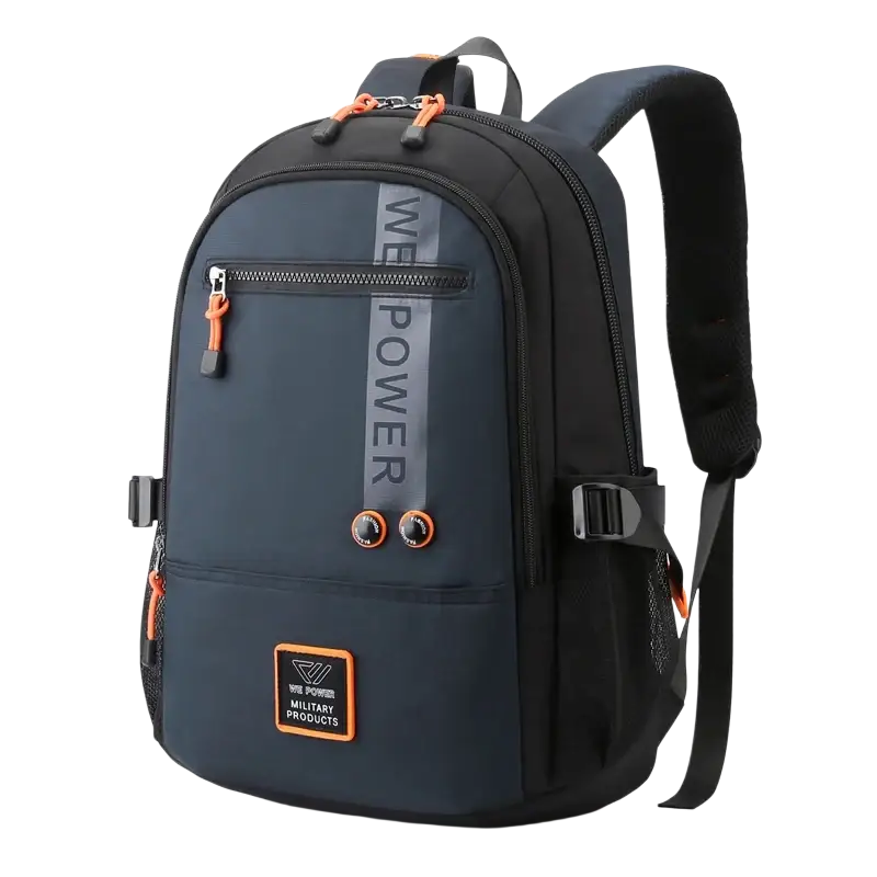 Navy blue backpack with orange accents in quality nylon fabric for men