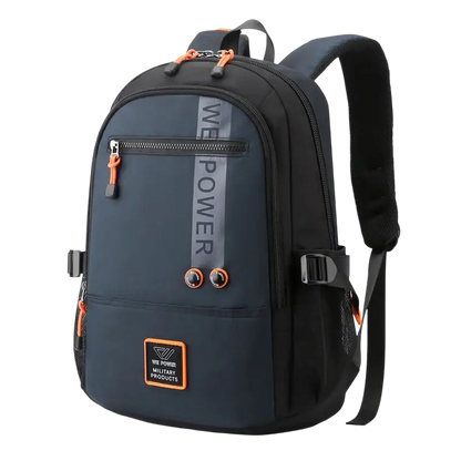 Navy blue backpack with orange accents in quality nylon fabric for men