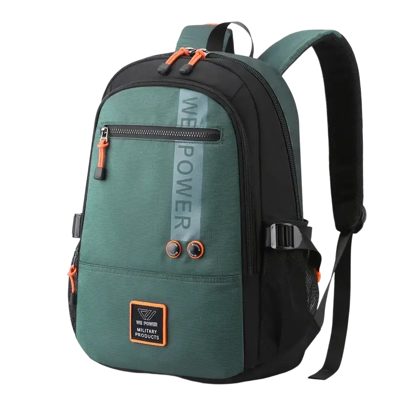 Green and black backpacks high quality with orange accents and zippered compartments