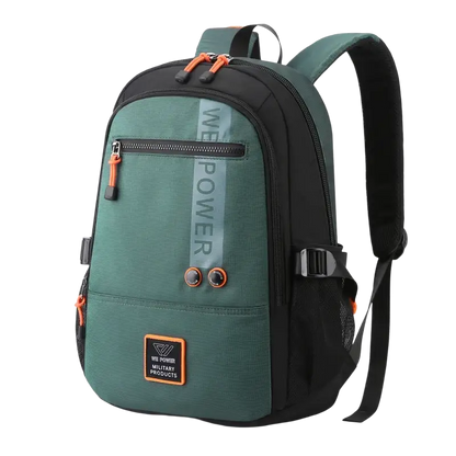 Green and black backpacks high quality with orange accents and zippered compartments
