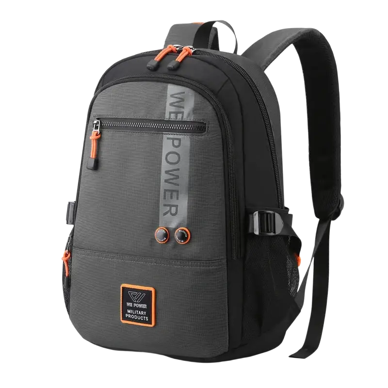 Black and gray backpacks high quality nylon fabric bag with orange accents and zippered compartments