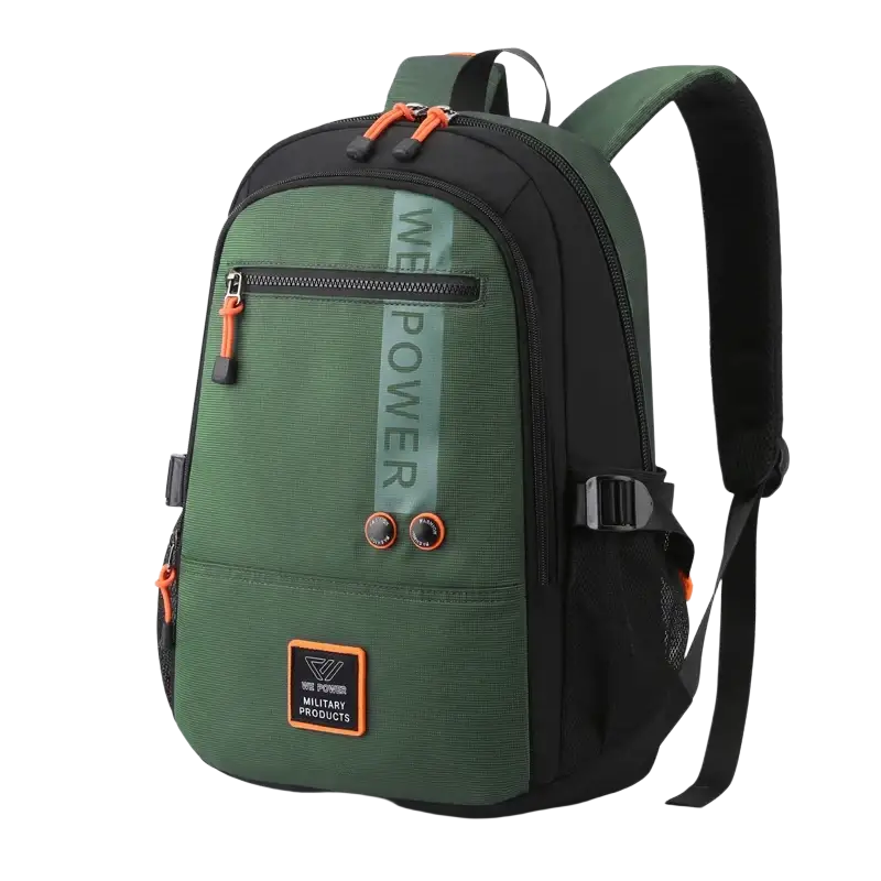 Green and black backpacks high quality with orange accents and zippered compartments