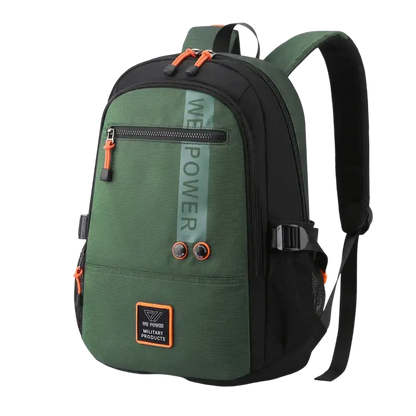 Green and black backpacks high quality with orange accents and zippered compartments