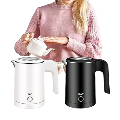 Raf Electric Kettle with stainless steel body and sleek black and white design