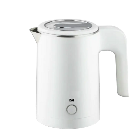 White Raf electric kettle with stainless steel accents