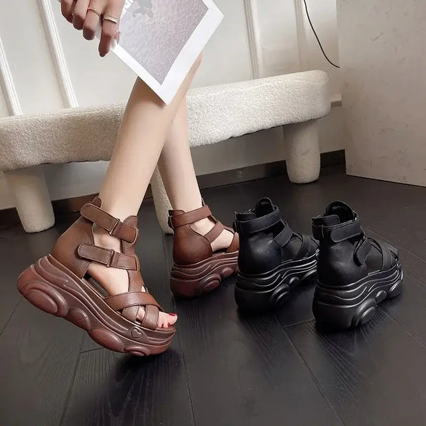 Retro Genuine Leather Women Wedges Platform Sandals