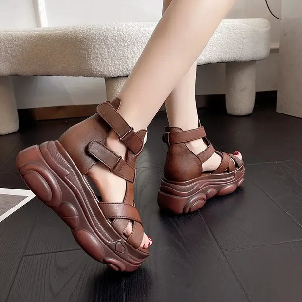 Retro Genuine Leather Women Wedges Platform Sandals