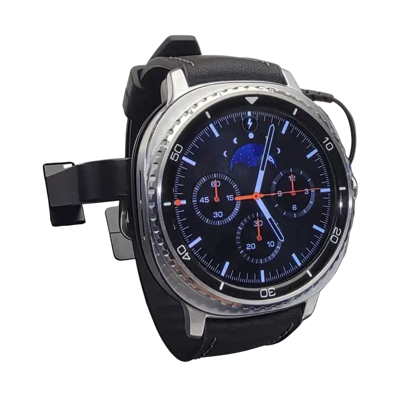 Samsung Galaxy Watch 46mm smartwatch with black leather strap, silver case, activity tracker