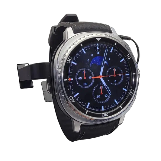 Samsung Galaxy Watch 46mm smartwatch with black leather strap, silver case, activity tracker