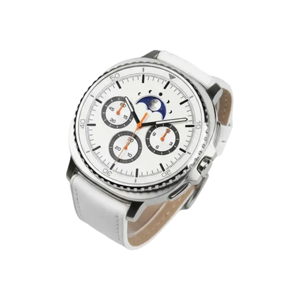 Samsung Galaxy smartwatch with white leather moon phase strap and tracker