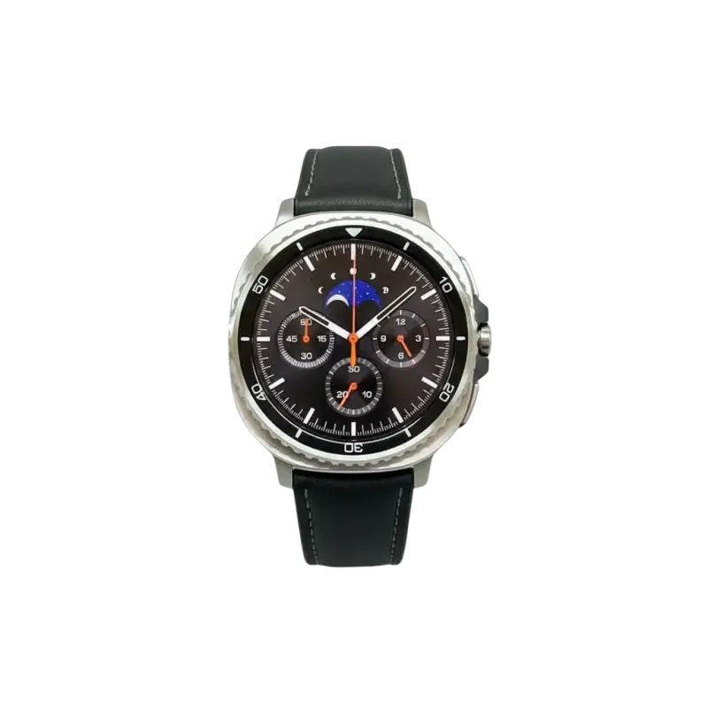 Samsung Galaxy smartwatch with silver leather strap, black face, moon phase display, and activity tracker