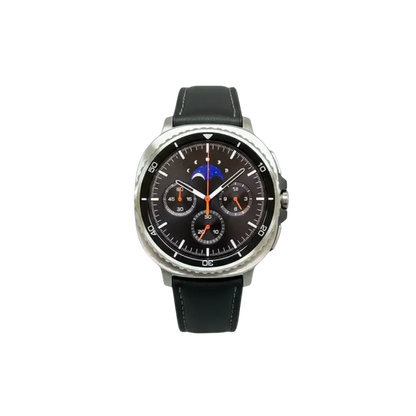 Samsung Galaxy smartwatch with silver leather strap, black face, moon phase display, and activity tracker