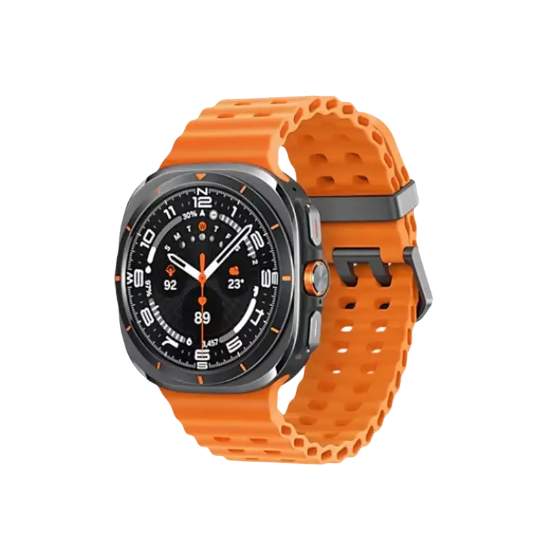 Samsung Galaxy Smartwatch Ultra LTE with orange silicone strap and silver case