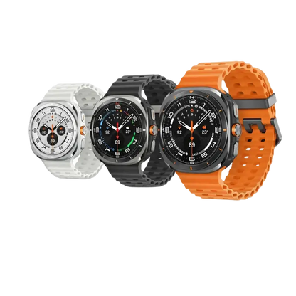 Samsung Galaxy Smartwatch Ultra LTE with 42mm silver case, black face, orange strap