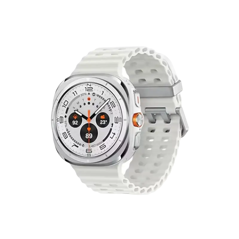 Samsung Galaxy Smartwatch Ultra LTE with white silicone strap and silver case