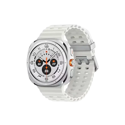 Samsung Galaxy Smartwatch Ultra LTE with white silicone strap and silver case