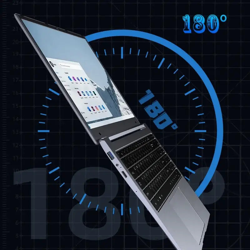 Shimang Windows 11 laptop showing 180-degree hinge design for versatile use in office and gaming.