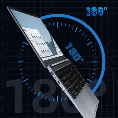 Shimang Windows 11 laptop showing 180-degree hinge design for versatile use in office and gaming.