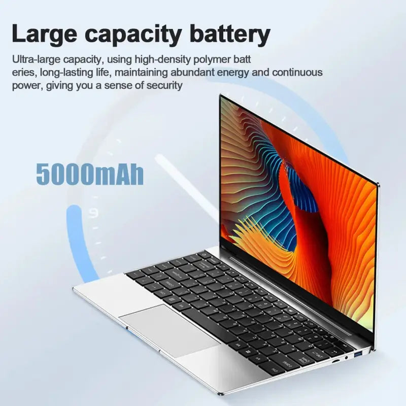 Shimang laptop showcasing 5000mAh large capacity battery, designed for long-lasting energy and performance.