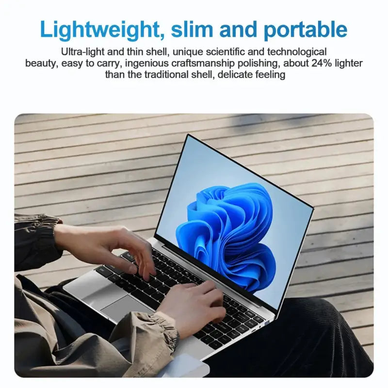 Lightweight and slim laptop design showcasing Windows 11 interface, ideal for portability and modern aesthetics.