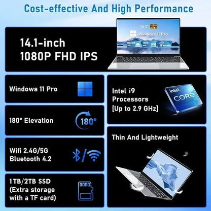 14.1-inch FHD IPS laptop featuring Intel i9, Windows 11 Pro, 1TB/2TB SSD, lightweight design, and 180-degree elevation.