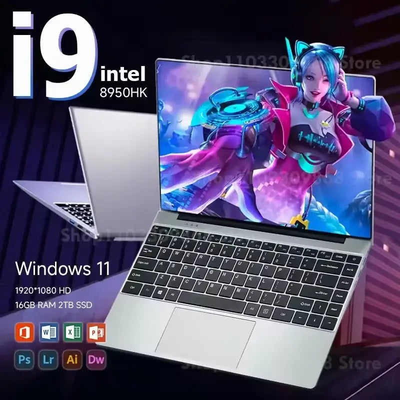 Shimang Intel Core i9 laptop with Windows 11, featuring 1920x1080 HD display and 16GB RAM, ideal for office and gaming.