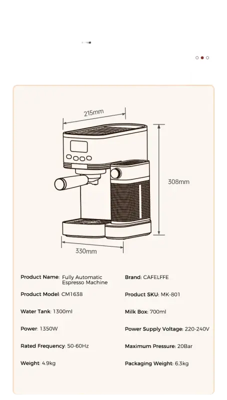 Cafelffe 3in1 Automatic Milk Froth Ground Coffee Stainless Steels 20 Bar