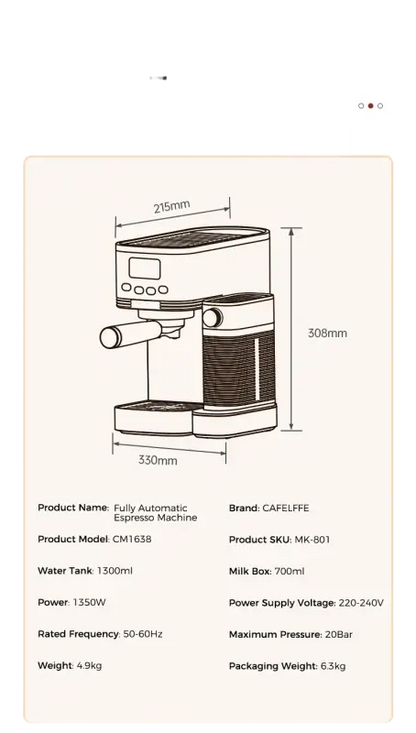Cafelffe 3in1 Automatic Milk Froth Ground Coffee Stainless Steels 20 Bar