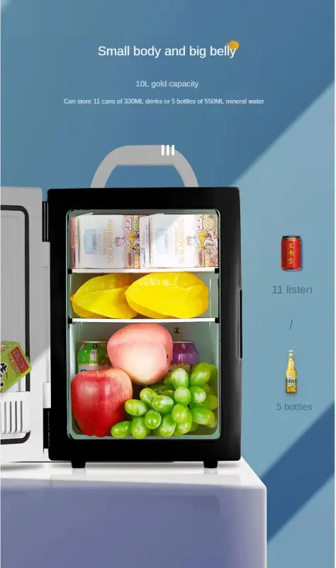 Small 10 L mini car home dual-use refrigerator also good for students.