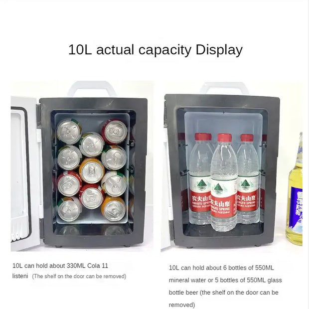 Small 10 L mini car home dual-use refrigerator also good for students.