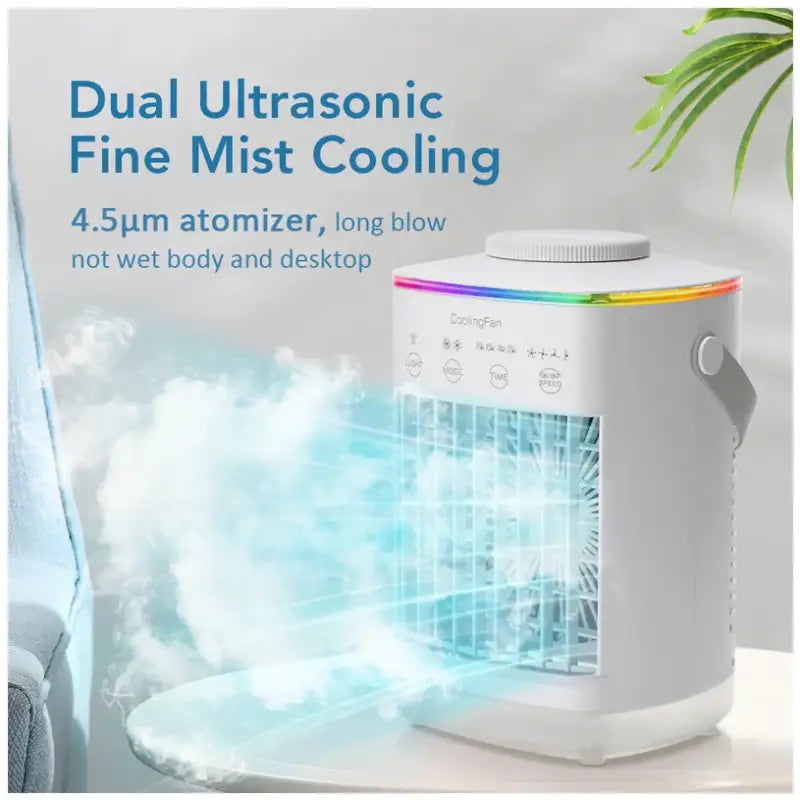 Small electric portable air cooler with rainbow LED lights and 4.5µm mist