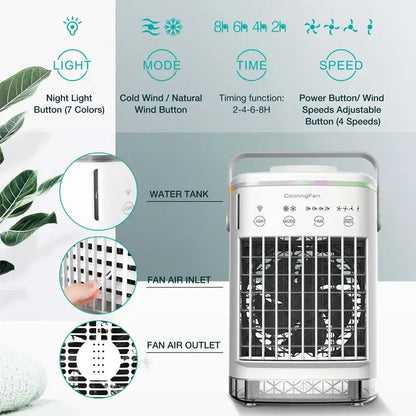 Small electric portable air cooler with black and white design, adjustable speeds, water tank, and colorful LED night lights