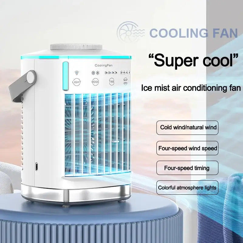 Small electric portable air cooler with white-blue fan, colorful LED lights