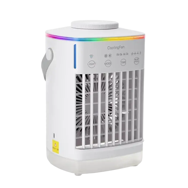 Small electric portable air cooler with white gray fan and rainbow LED lights