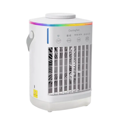Small electric portable air cooler with white gray fan and rainbow LED lights