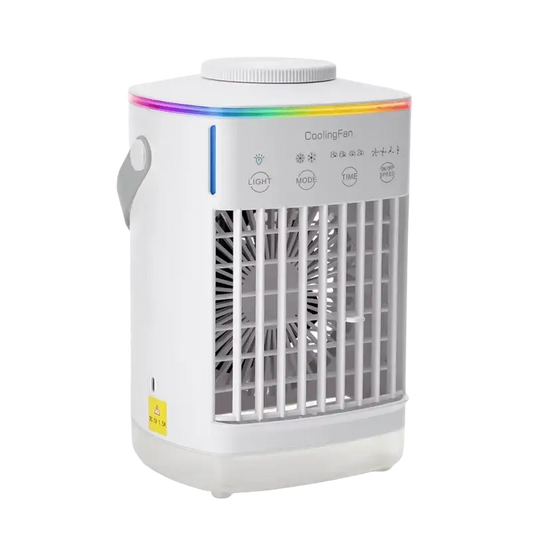 Small electric portable air cooler with white gray fan and rainbow LED lights