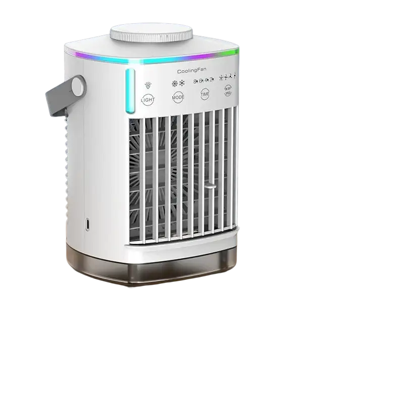Small electric portable air cooler with white silver design and 7-color LED lights