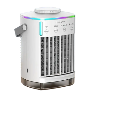 Small electric portable air cooler with white silver design and 7-color LED lights