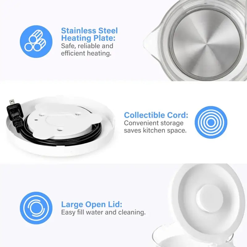 White 220V 50Hz glass electric kettle with blue illumination and open lid