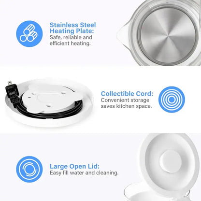 White 220V 50Hz glass electric kettle with blue illumination and open lid