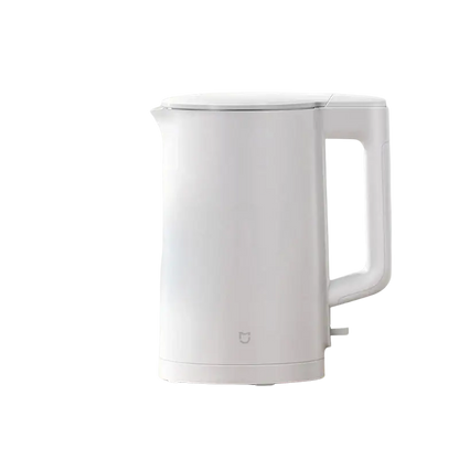 White Xiaomi stainless steel electric kettle with black handle, 1.5L auto shut-off