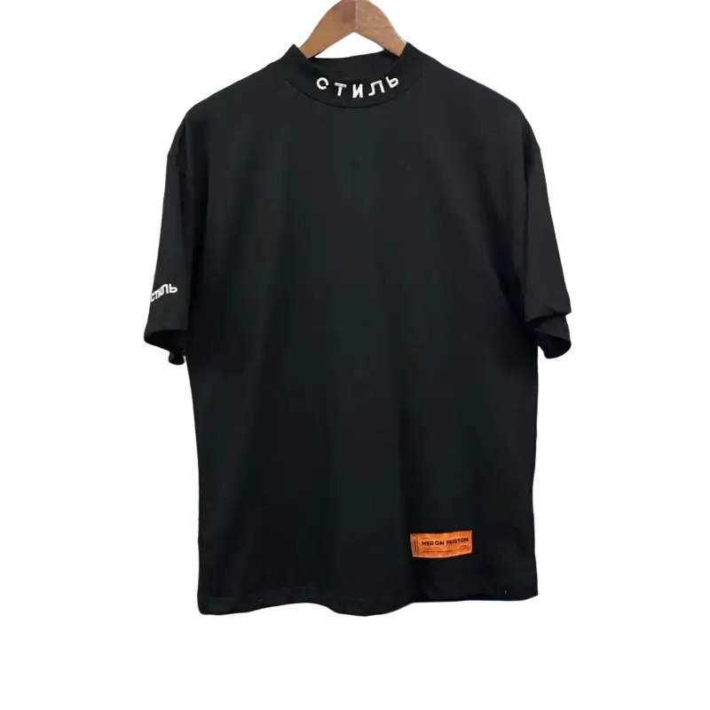 Black short-sleeved cotton t-shirt with white Cyrillic embroidery, orange label