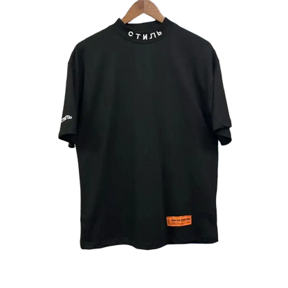 Black short-sleeved cotton t-shirt with white Cyrillic embroidery, orange label