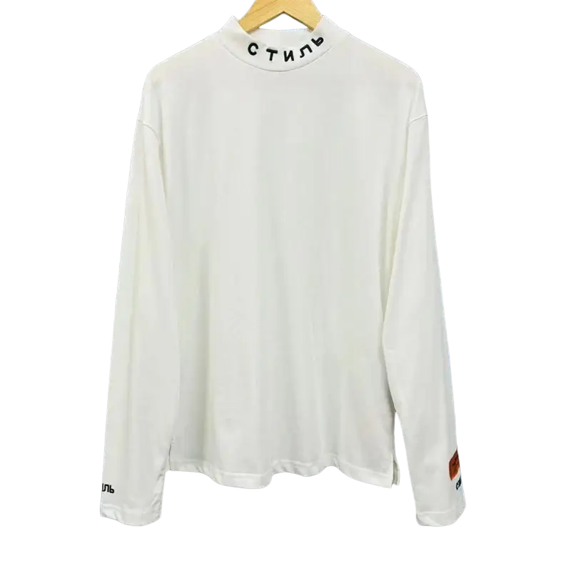 White long-sleeved cotton t-shirt with black Cyrillic collar embroidery for men