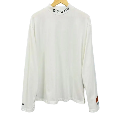 White long-sleeved cotton t-shirt with black Cyrillic collar embroidery for men