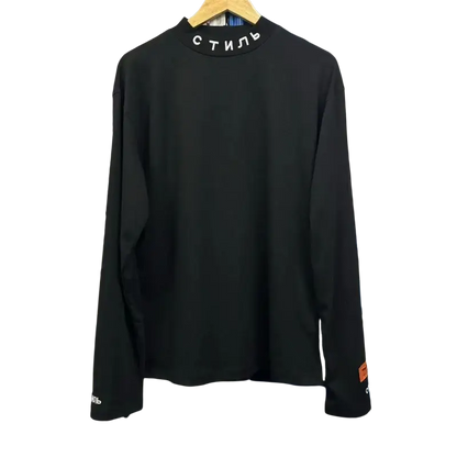 Black long-sleeved men’s cotton top with Cyrillic collar embroidery
