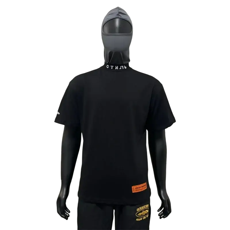 Black short-sleeved men’s cotton t-shirt with Cyrillic collar lettering