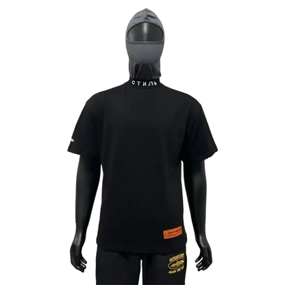 Black short-sleeved men’s cotton t-shirt with Cyrillic collar lettering